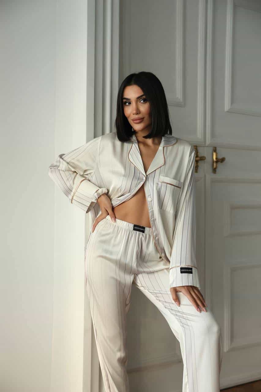 Krem Beyaz Uzun Saten Pijama Takımı