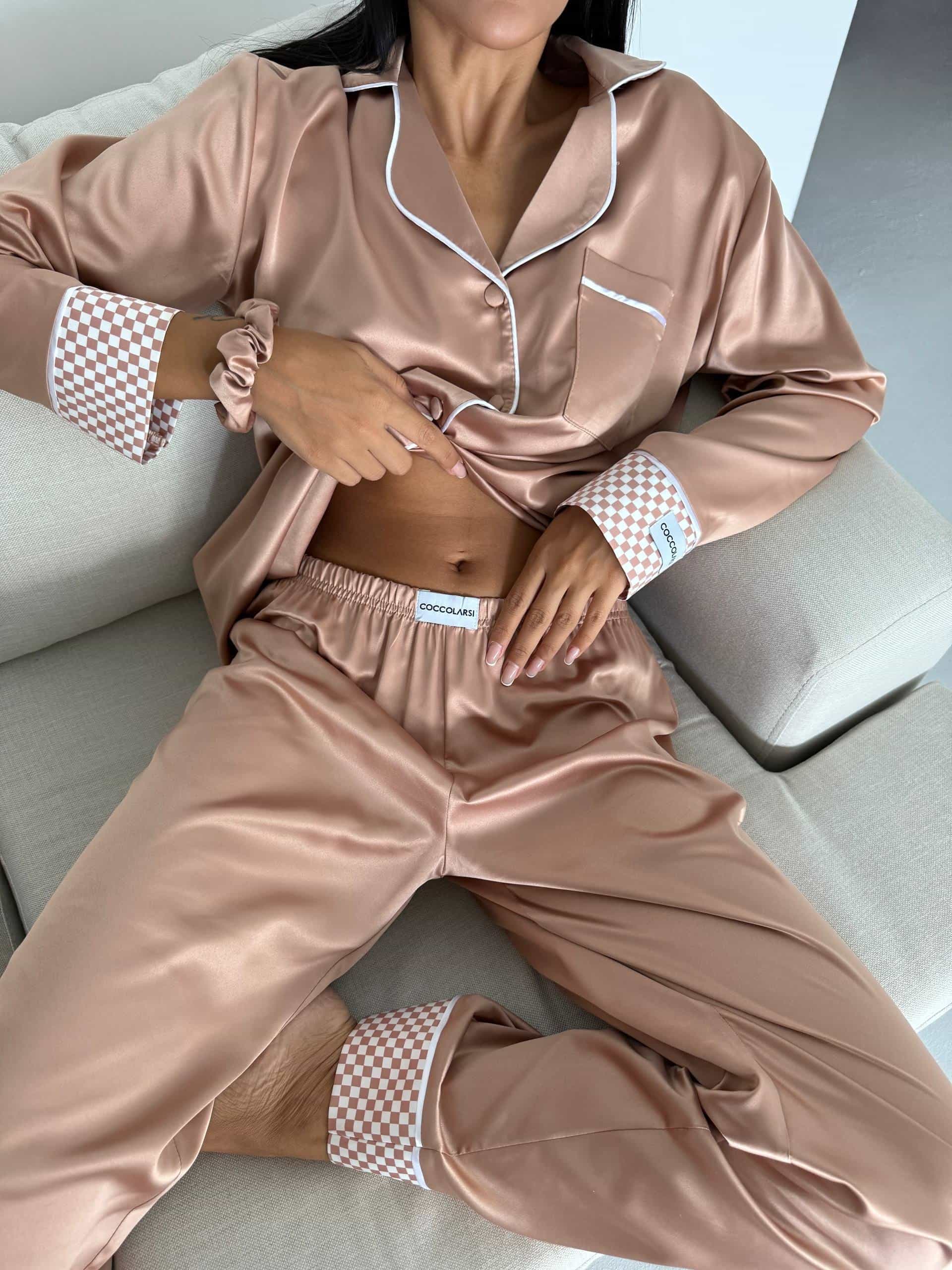 Krem Kahve Saten Uzun Pijama Takımı