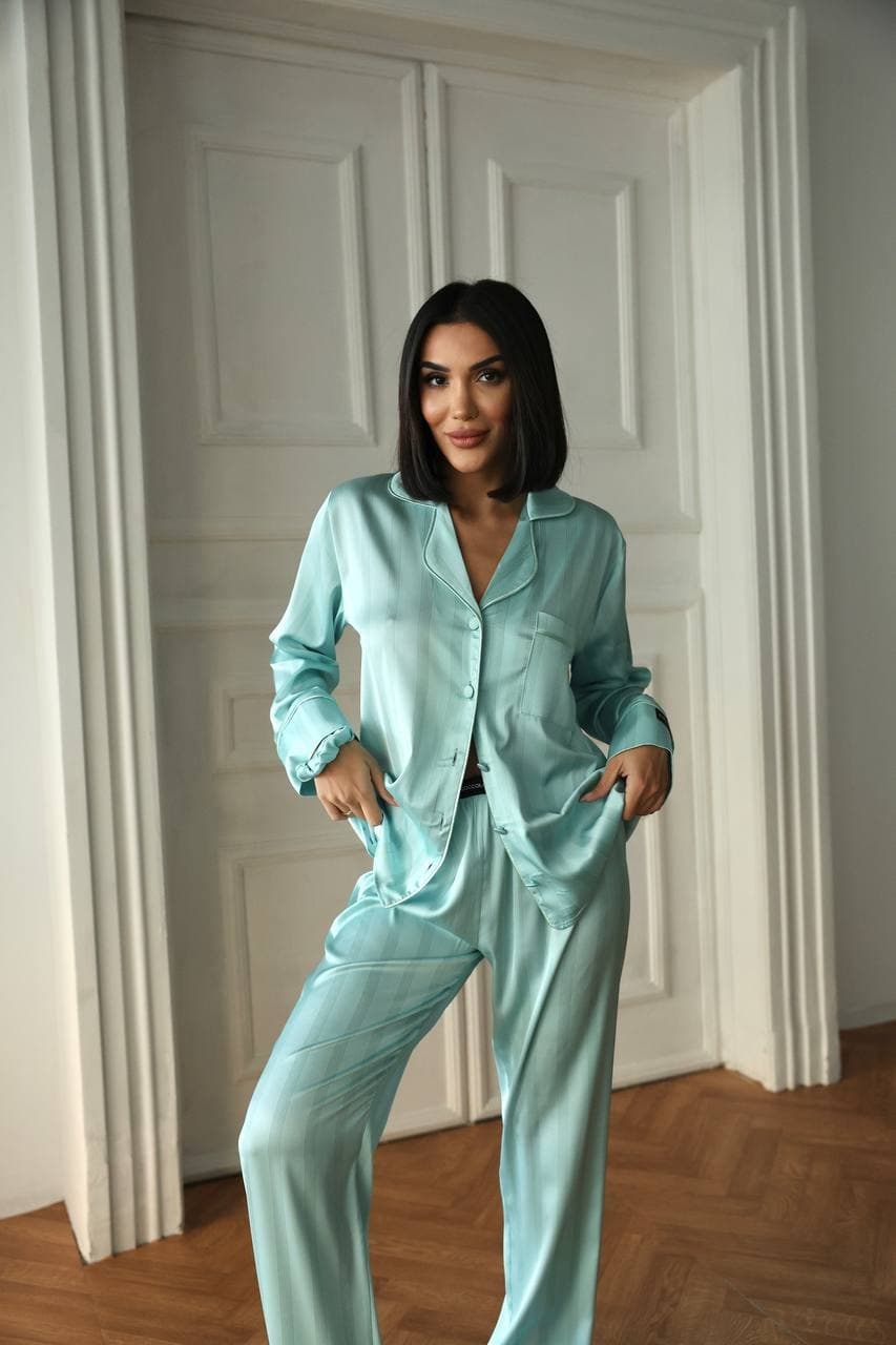 Kadın Su Yeşili Saten Uzun Pijama Takımı - 4