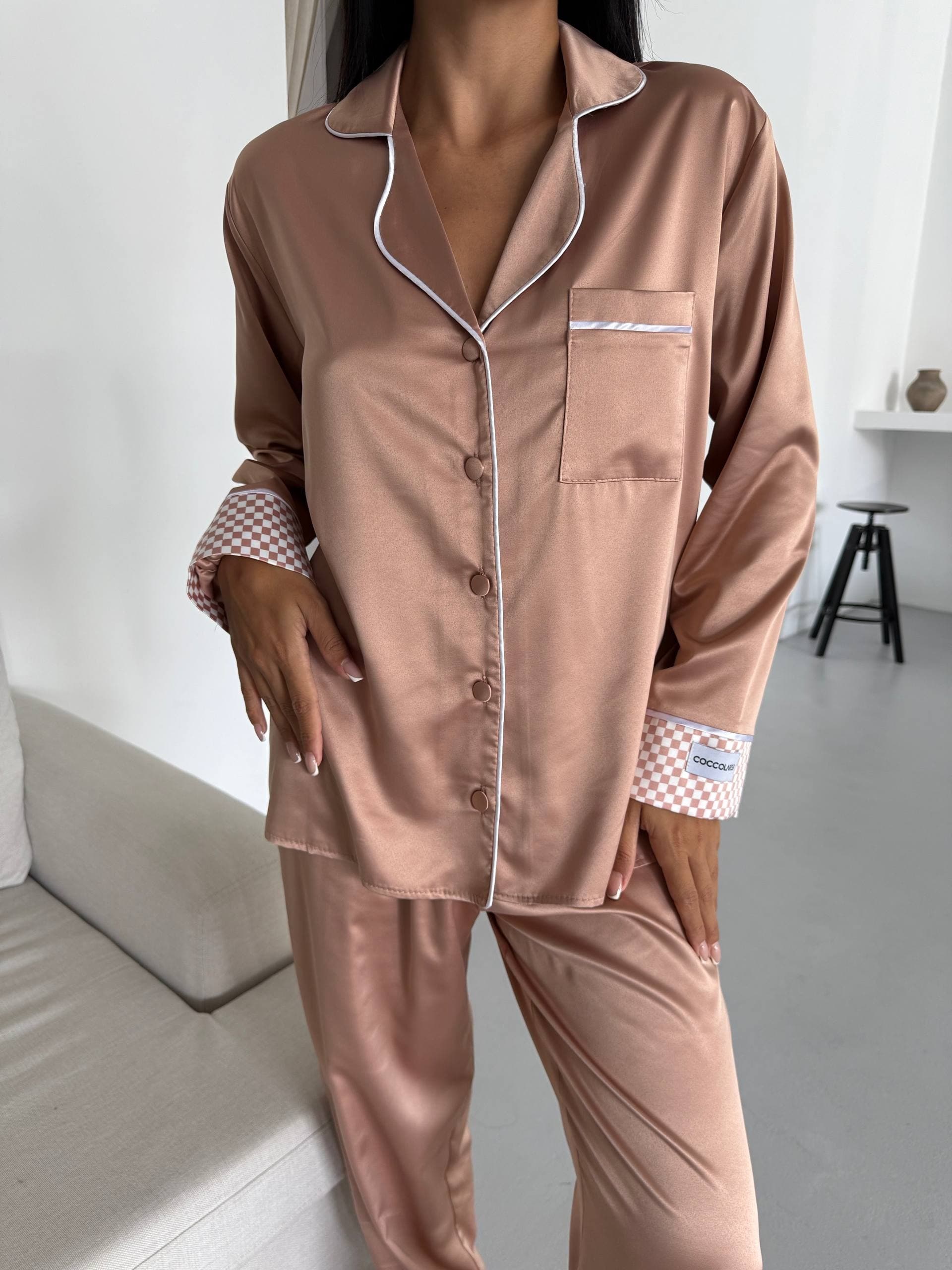 Krem Kahve Saten Uzun Pijama Takımı - 2