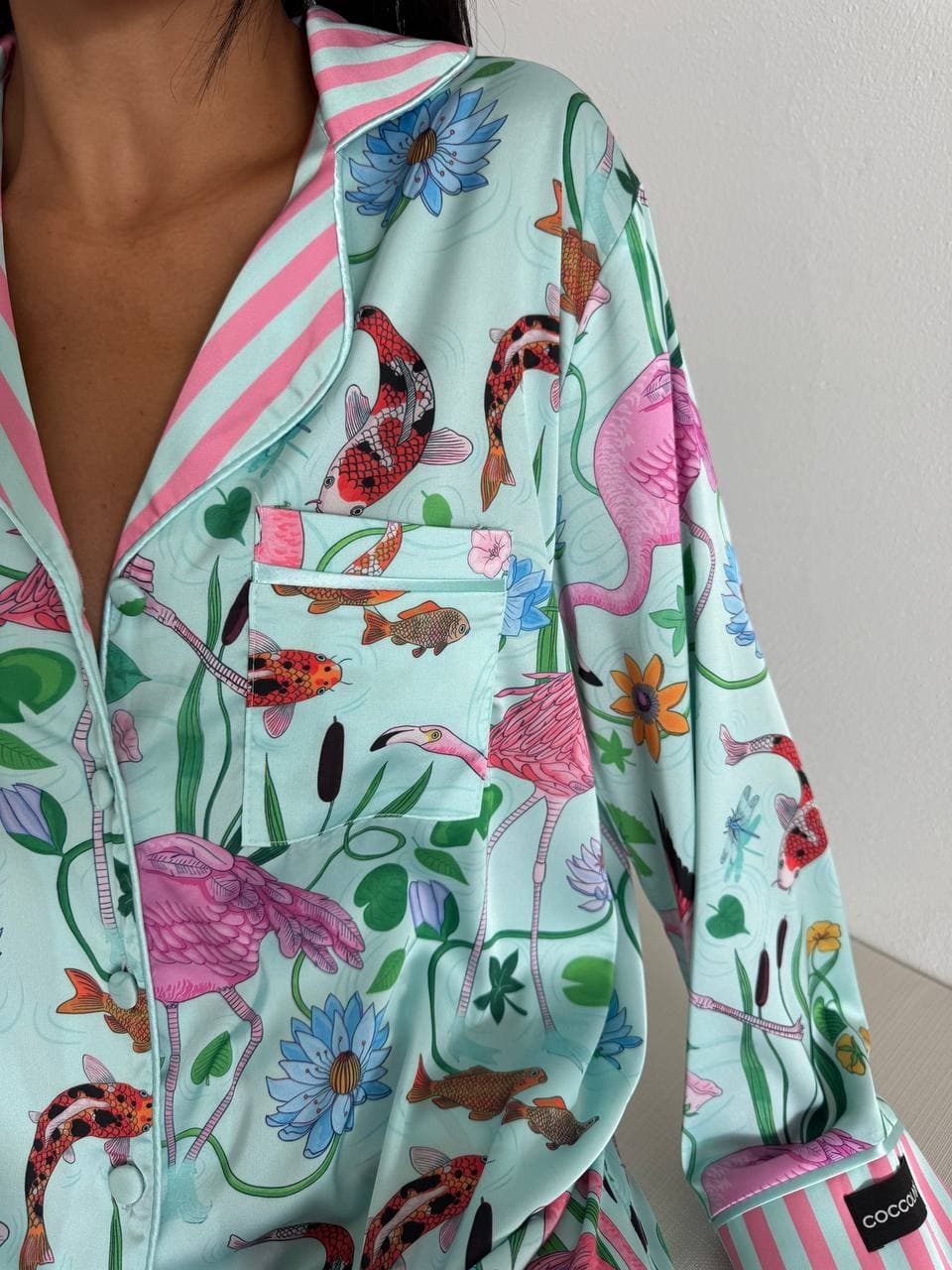Mavi Pembe Baskılı Ipek Saten Uzun Pijama Takımı - 2