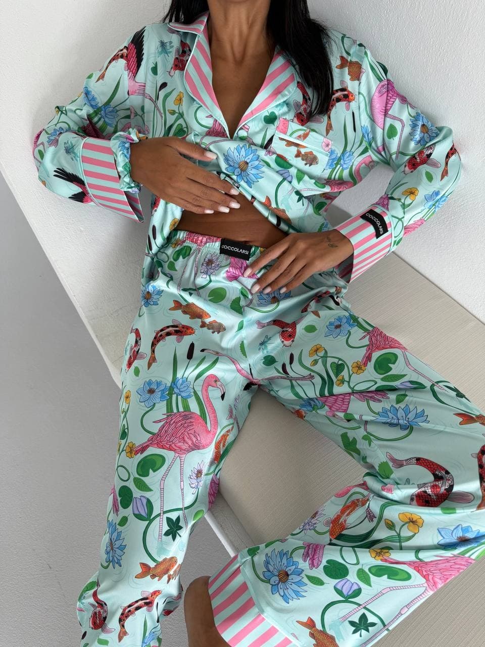 Mavi Pembe Baskılı Ipek Saten Uzun Pijama Takımı - 3