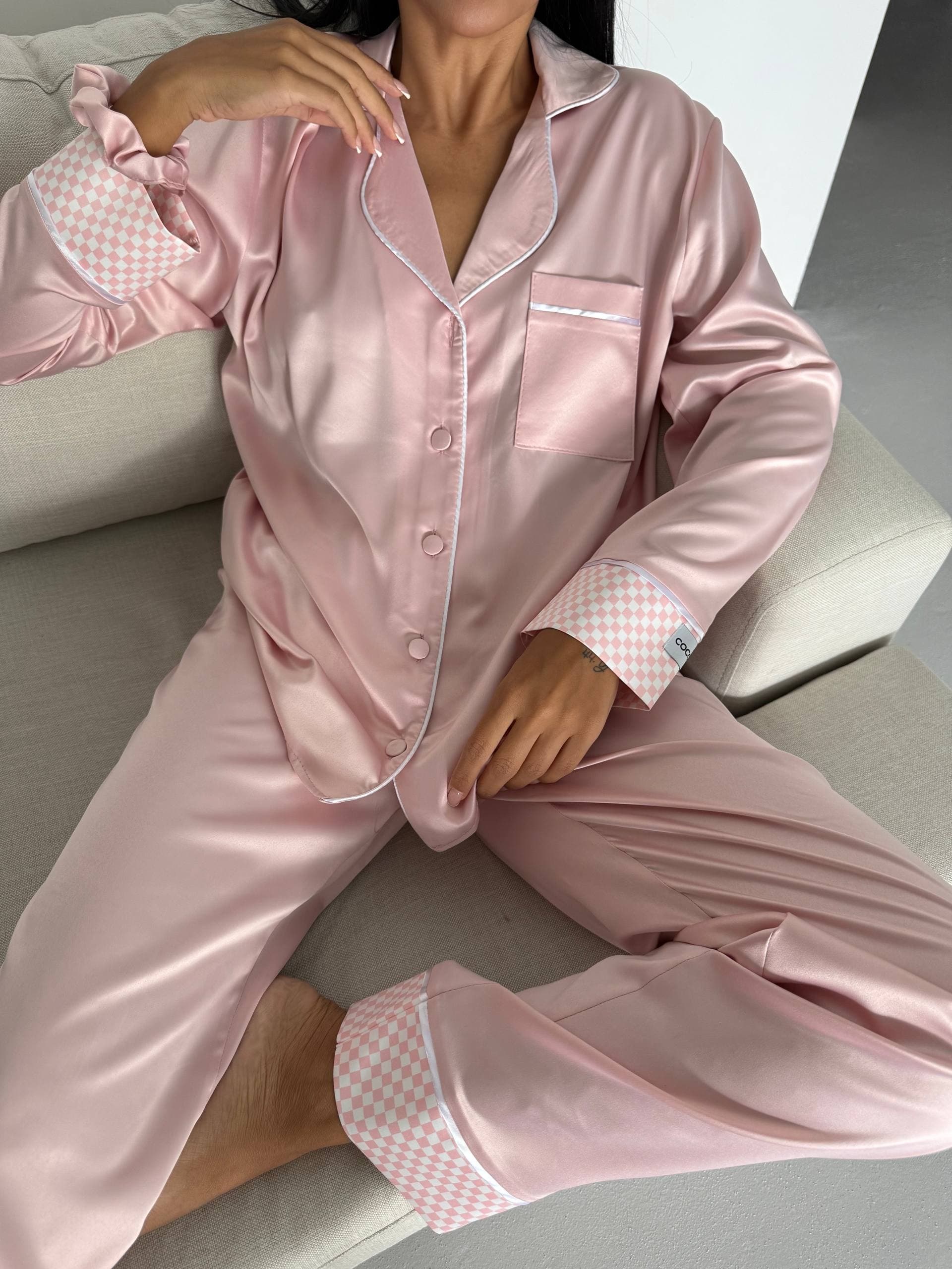 Pudra Pembe İpek Saten Uzun Pijama Takımı - 3