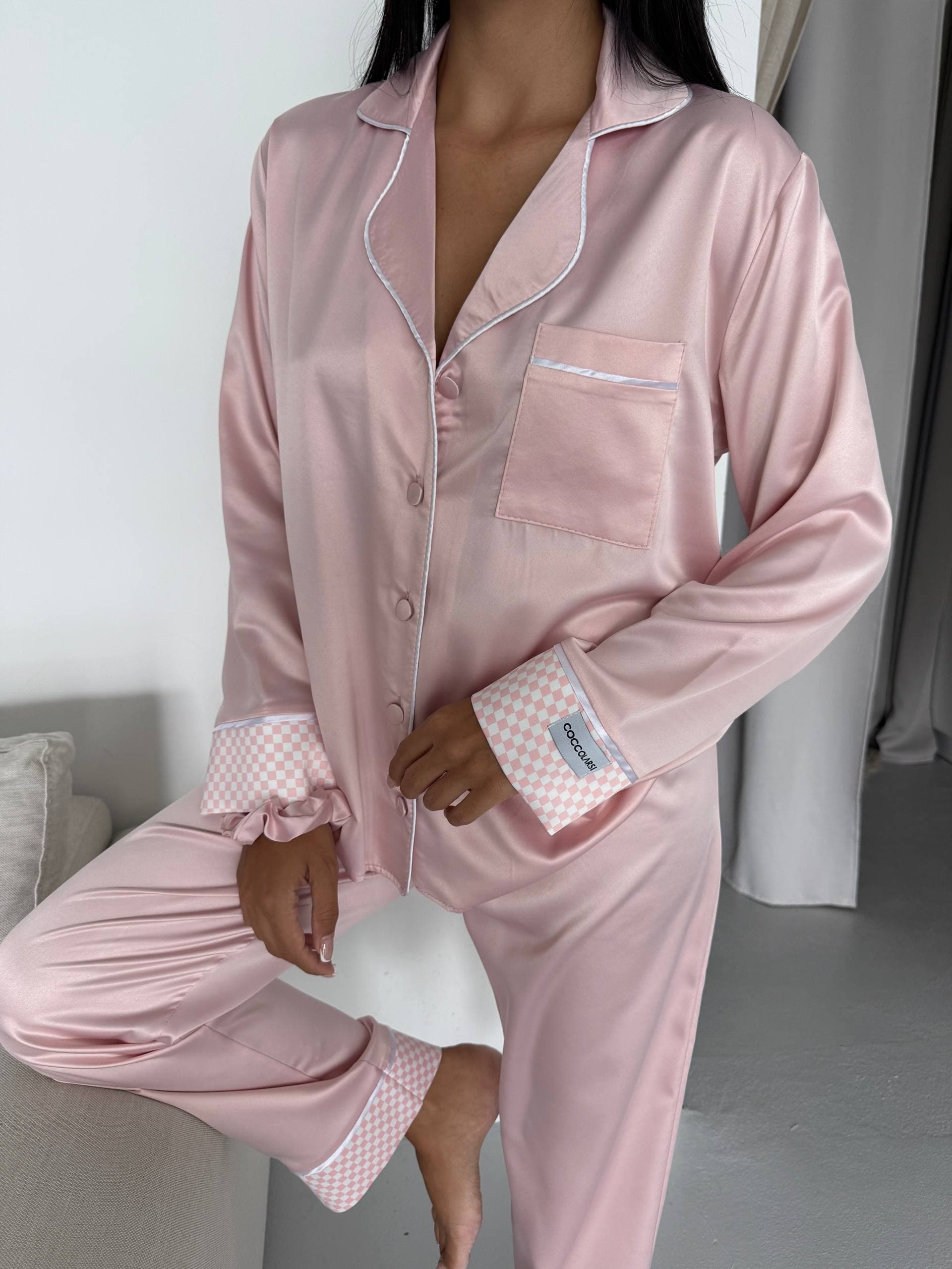 Pudra Pembe İpek Saten Uzun Pijama Takımı - 4