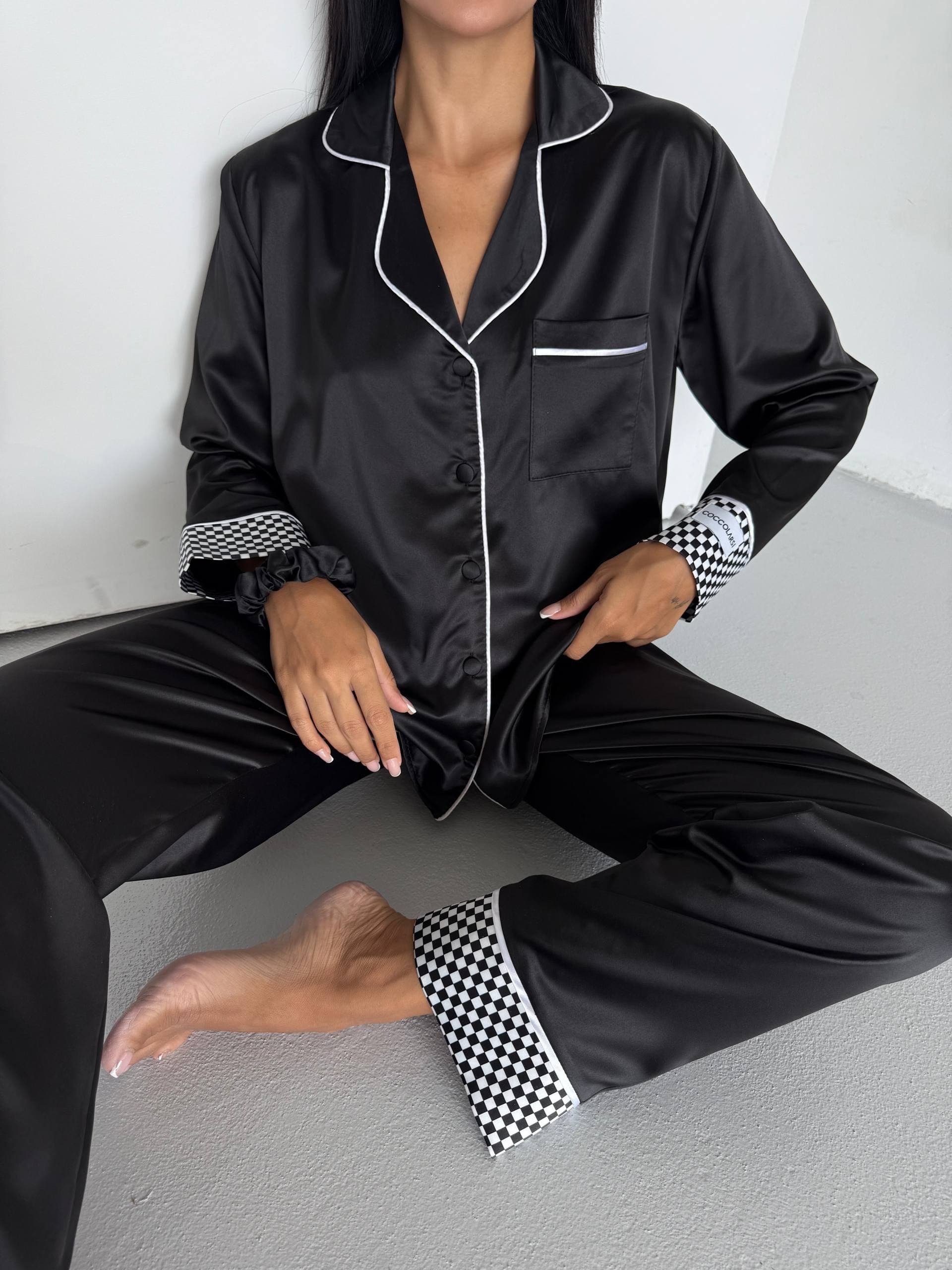 Siyah İpek Saten Uzun Pijama Takımı - 3