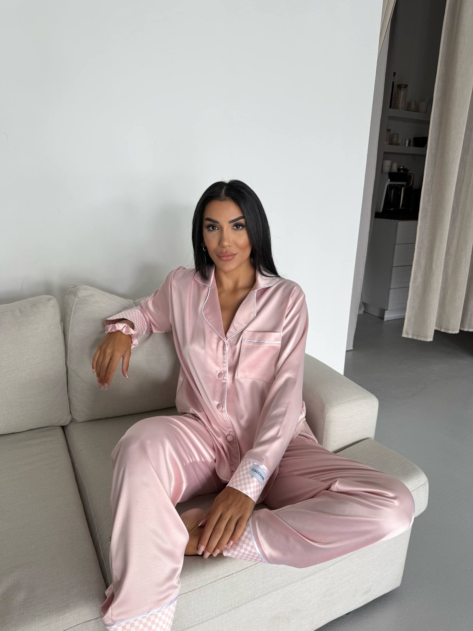 Pudra Pembe İpek Saten Uzun Pijama Takımı