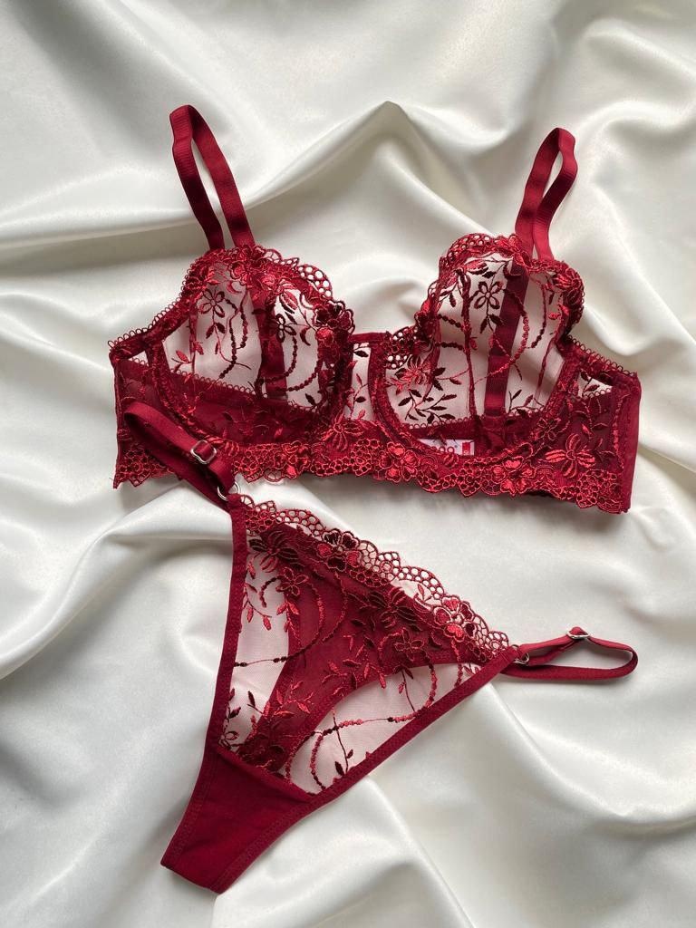 Bordo Işlemeli Brode Takım - Fotoğraf 1