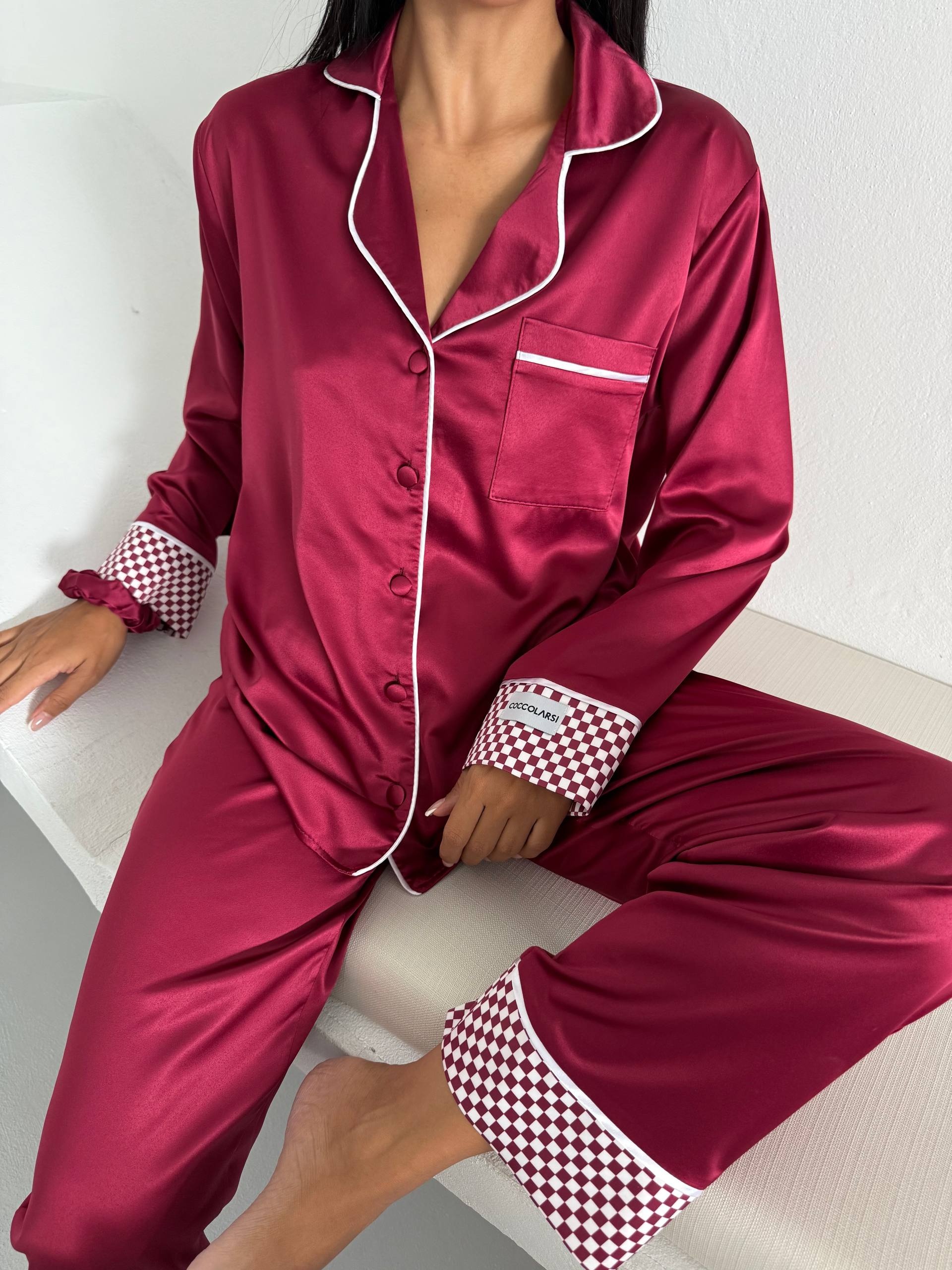Bordo Saten Uzun Pijama Takımı - Fotoğraf 1