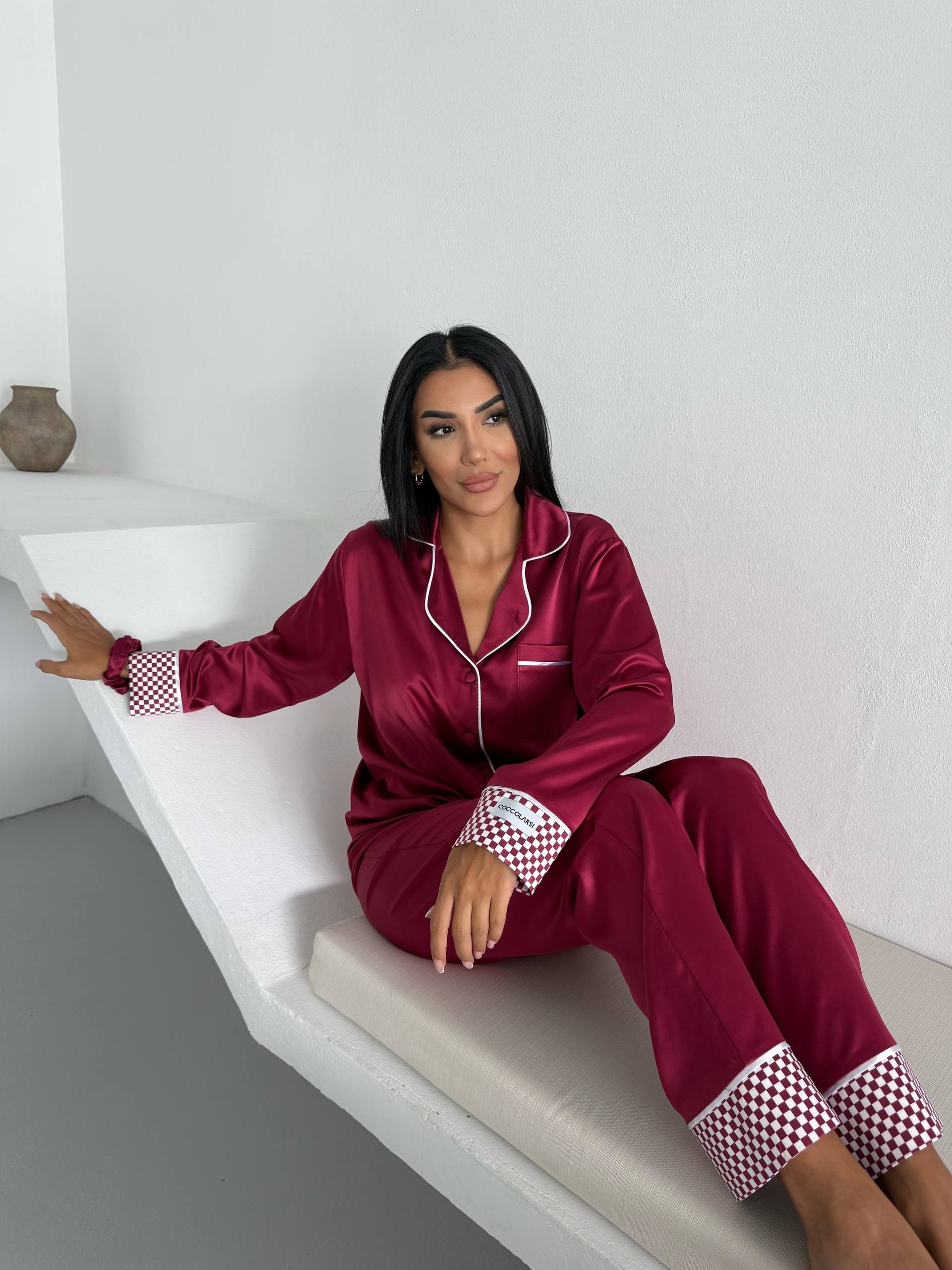 Bordo Saten Uzun Pijama Takımı - Fotoğraf 2