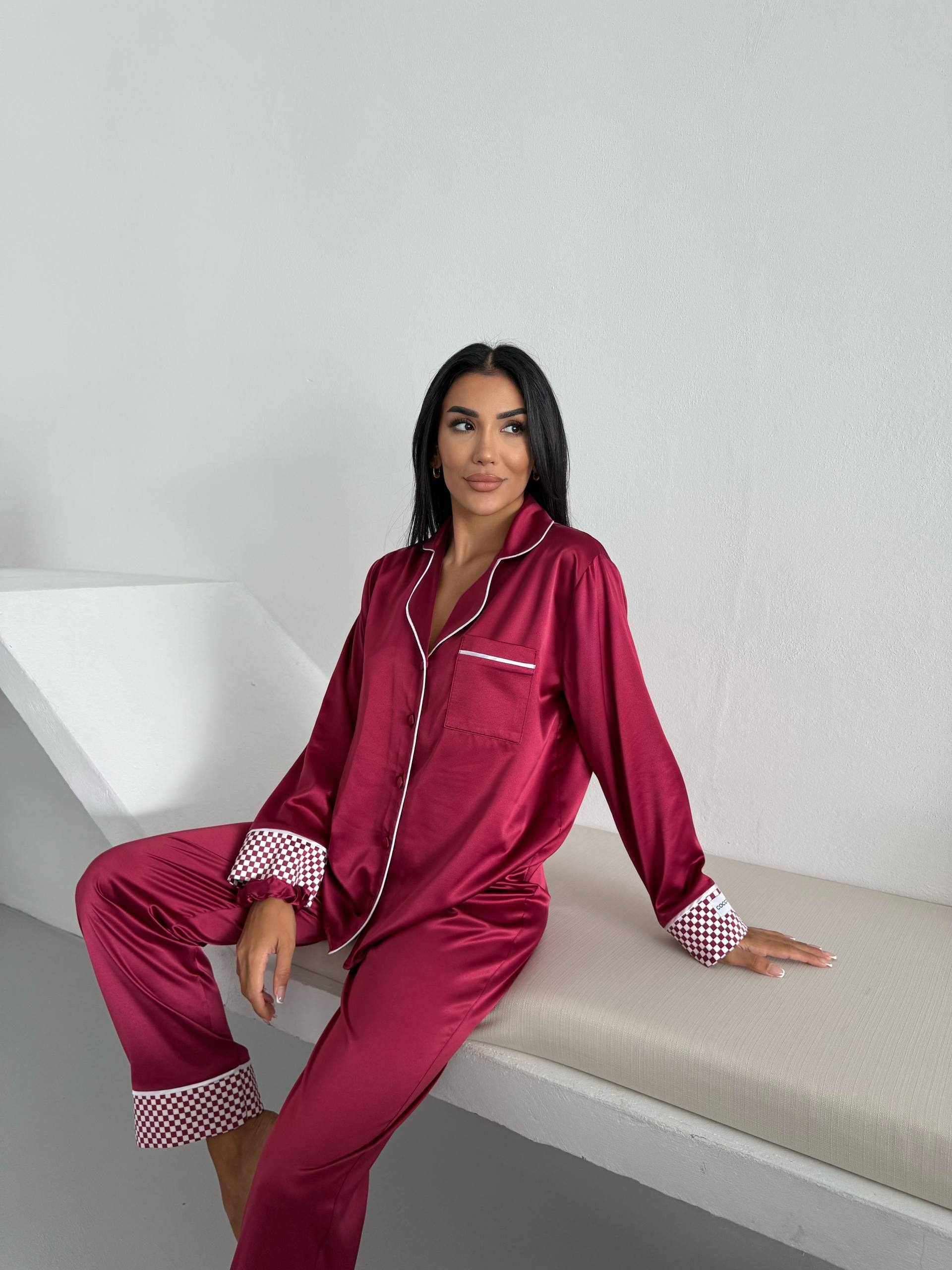 Bordo Saten Uzun Pijama Takımı - Fotoğraf 3