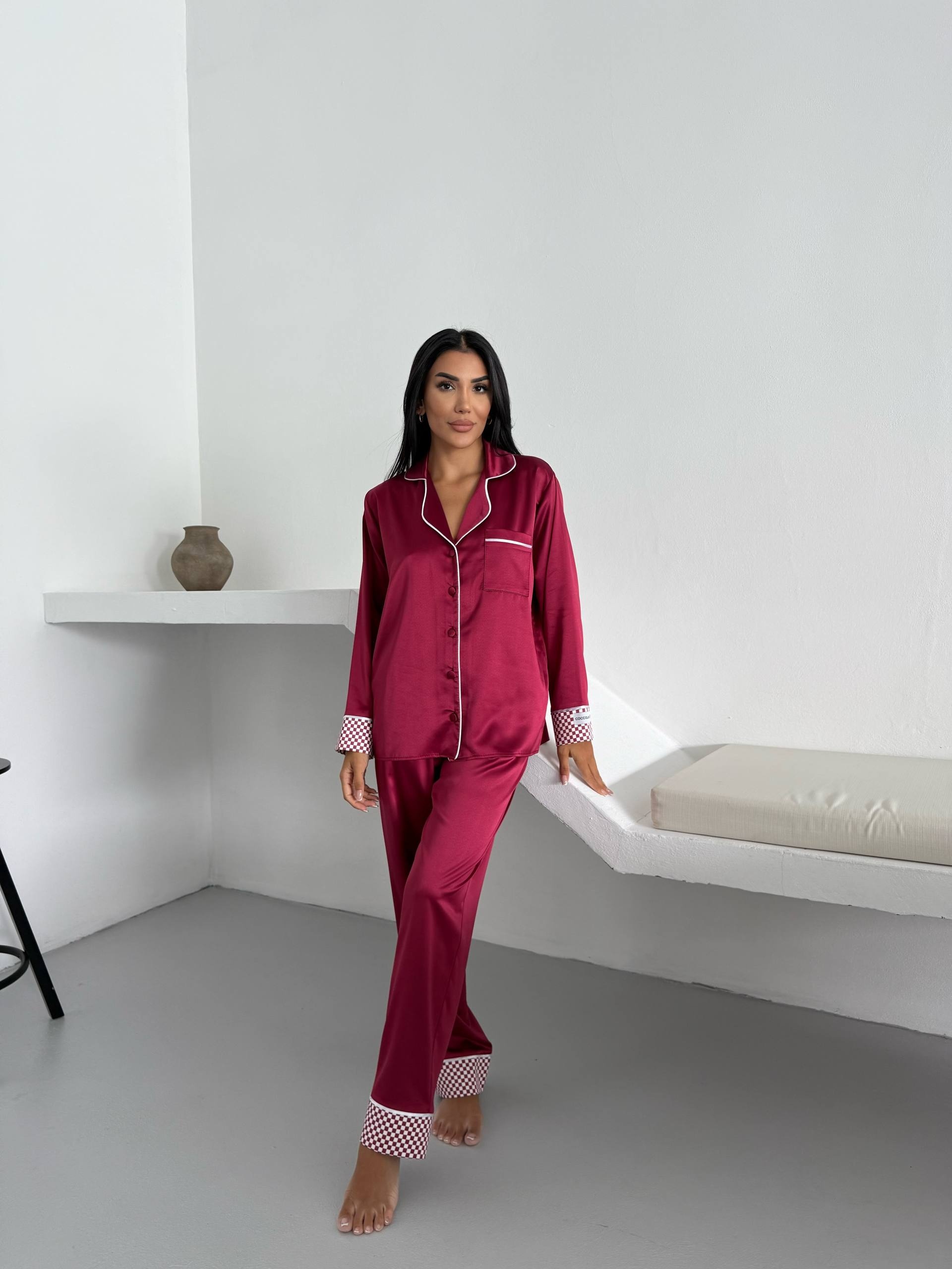 Bordo Saten Uzun Pijama Takımı - Fotoğraf 5