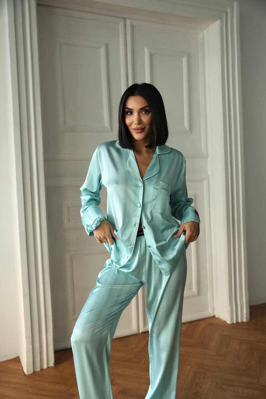 Kadın Su Yeşili Saten Uzun Pijama Takımı - Fotoğraf 4