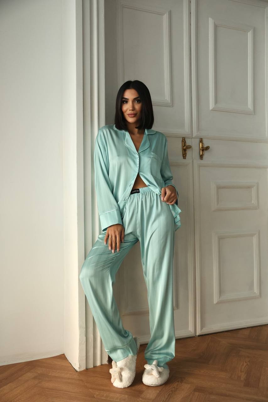 Kadın Su Yeşili Saten Uzun Pijama Takımı - Fotoğraf 6