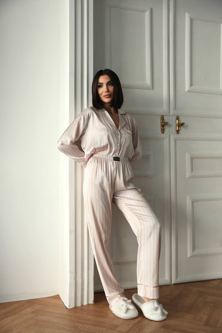 Krem Beyaz Uzun Saten Pijama Takımı - Fotoğraf 6