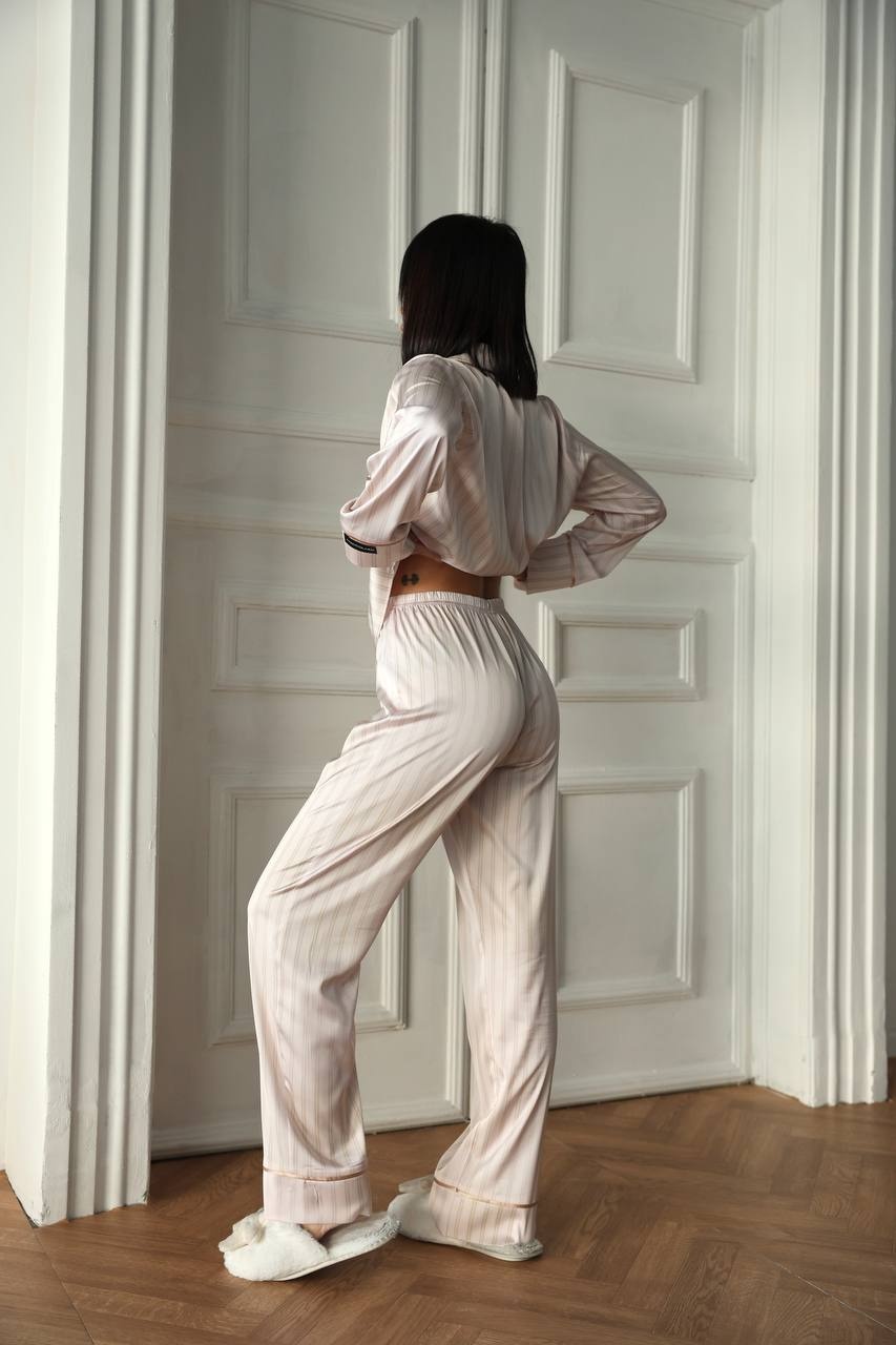 Krem Beyaz Uzun Saten Pijama Takımı - Fotoğraf 7