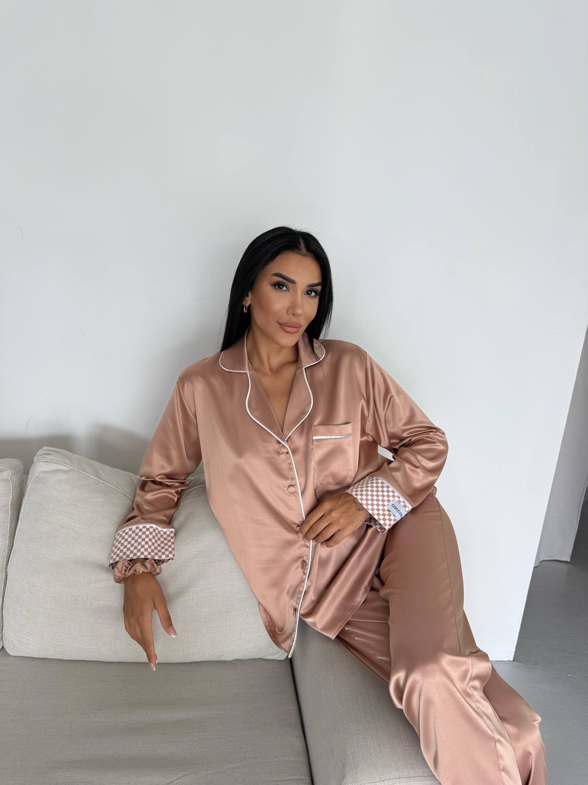 Krem Kahve Saten Uzun Pijama Takımı - Fotoğraf 4