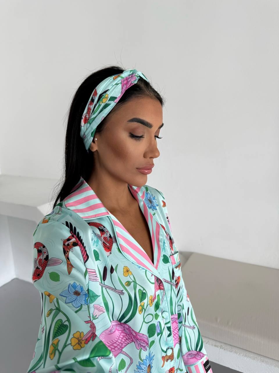 Mavi Pembe Baskılı Ipek Saten Uzun Pijama Takımı - Fotoğraf 1