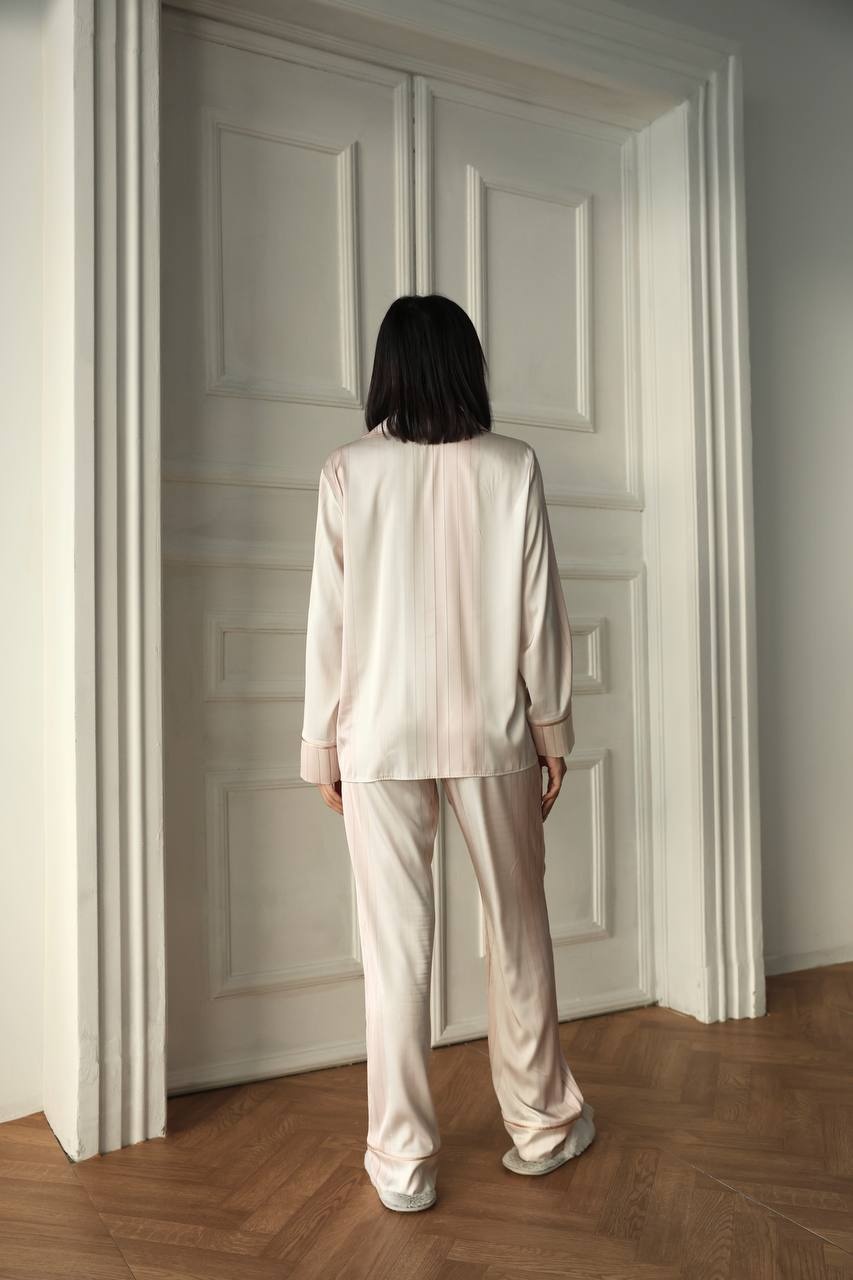 Pudra Krem Uzun Saten Pijama Takımı - Fotoğraf 13