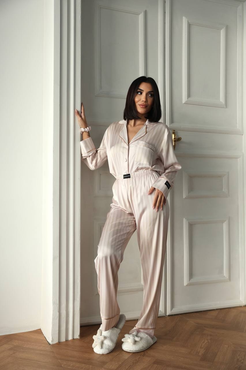 Pudra Krem Uzun Saten Pijama Takımı - Fotoğraf 5