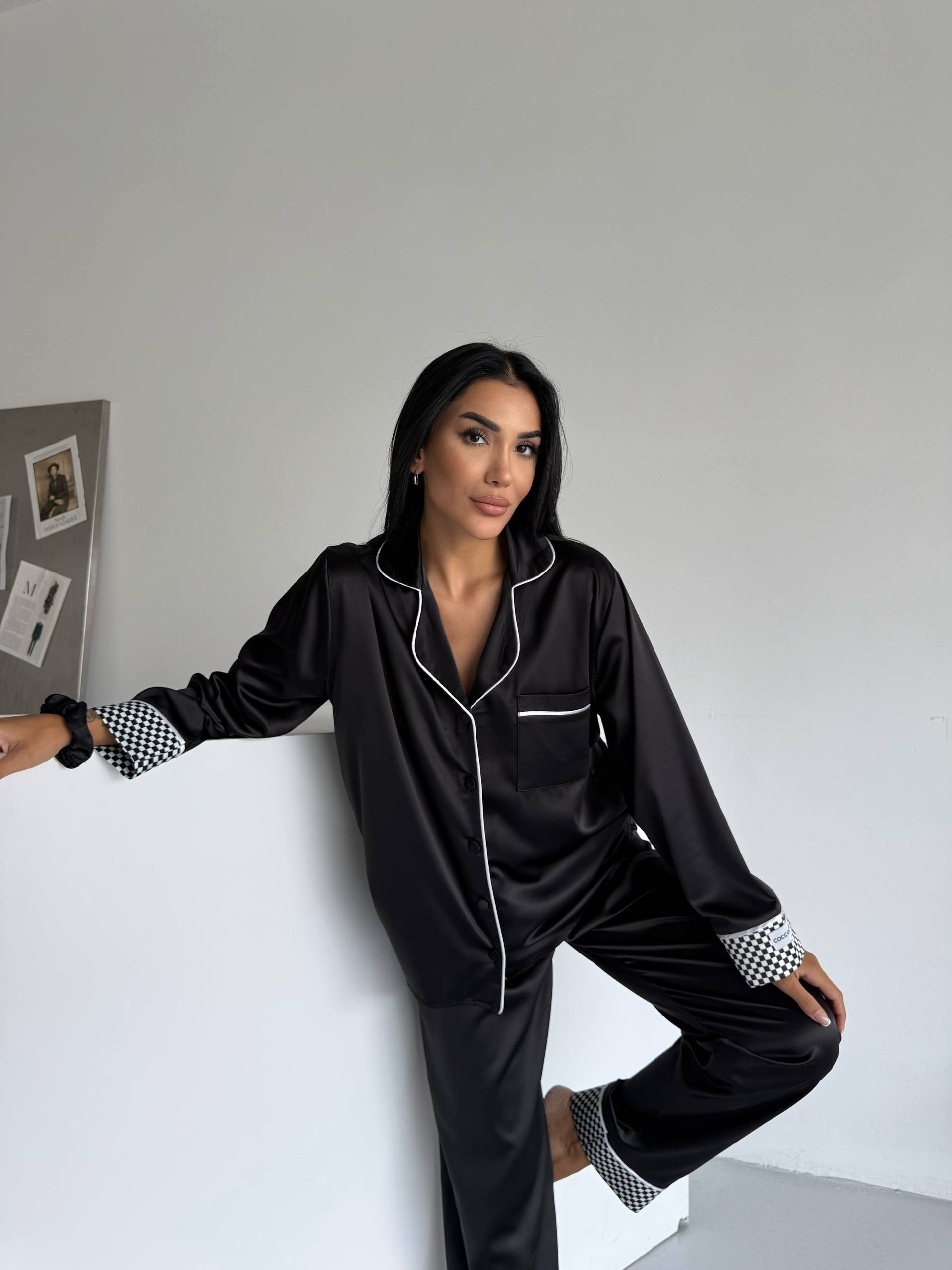 Siyah İpek Saten Uzun Pijama Takımı - Fotoğraf 1